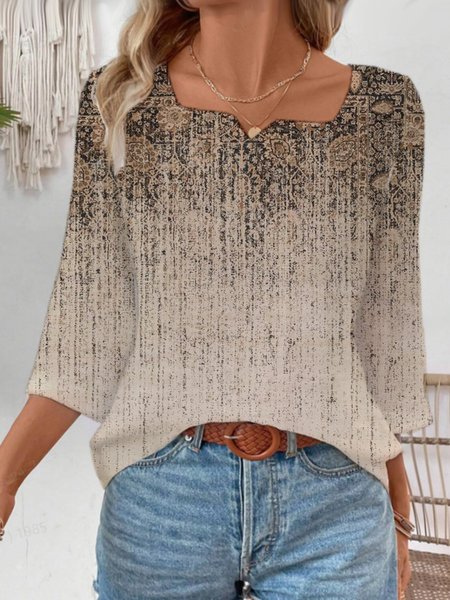 

Casual Ethnic Notched Three Quarter Sleeve T-shirt, Khaki, Blouses