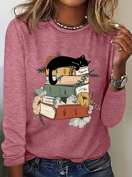 Cat Book Casual Long Sleeve Shirt, Watermelon, Long sleeves