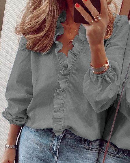 V Neck Long Sleeve Plain Regular Loose Blouse For Women, Gray, Blouses