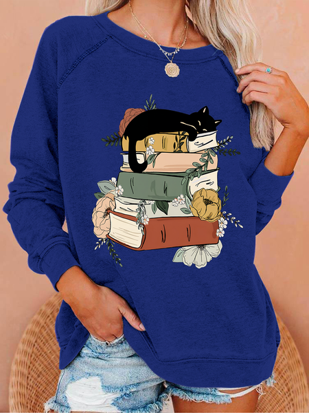 Cat Book Casual Animal Sweatshirt, Dark blue, Hoodies&Sweatshirts