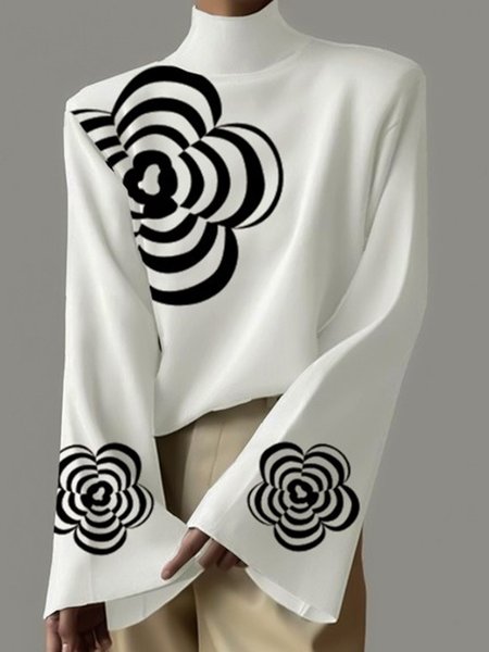 

Daily Casual Stand Collar Floral Loose Blouse, White, Blouses and Shirts