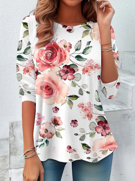 

Vintage Floral Crew Neck Long Sleeve T-shirt, Pink, Blouses