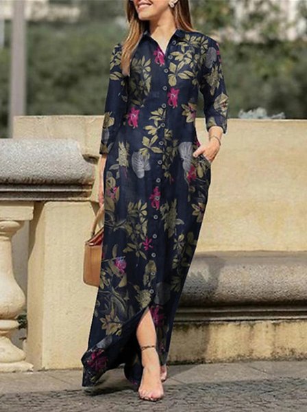 

Women Geometric Stand Collar Long Sleeve Comfy Casual Maxi Dress, Purplish blue, Dresses