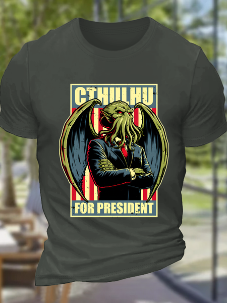 Cthul Hu For President Cotton T-Shirt, Dark gray, Tops