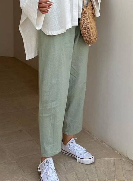 

Loose Cotton And Linen Casual Pants, Green, Pants