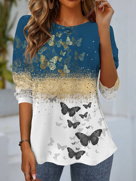 

Women's Long Sleeve Tee T-shirt Spring/Fall Butterfly Jersey Crew Neck Daily Going Out Casual Top Blue, T-Shirts