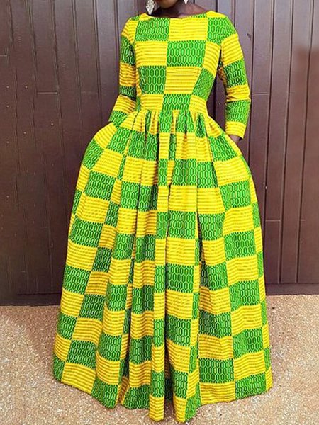Regular Sleeve Pocket Stitching Geometric Urban Crew Neck Dress, As picture, Maxi Dresses