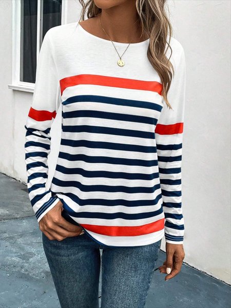 

Women's Long Sleeve Tee T-shirt Spring/Fall Striped Crew Neck Daily Going Out Casual Top, White, T-Shirts