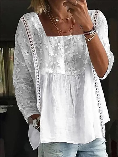 

Square Neck Long Sleeve Plain Regular Loose Blouse For Women, White, Blouses