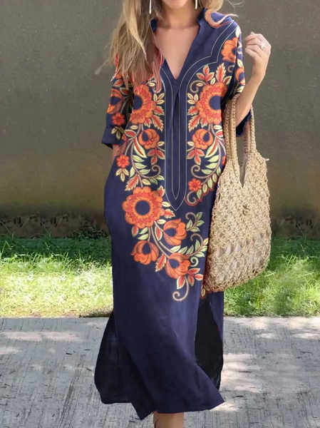 

Women Ethnic V Neck Half Sleeve Comfy Casual Mini Dress, Deep blue, Dresses