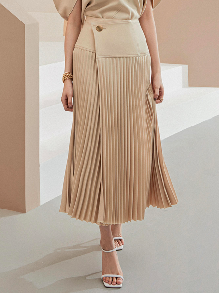 

Elegant Loose Pleated Buttoned Skirt, Apricot, Skirts