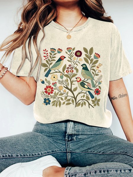 

Cottagecore Birds and Flowers Vintage Distressed Shirt, Off white, T-shirts