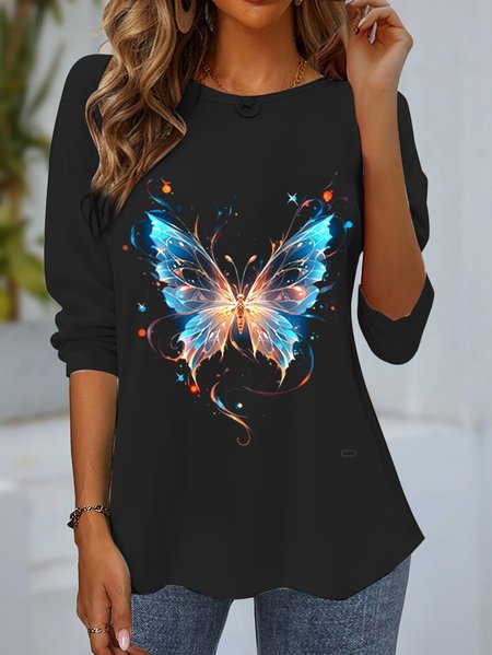 

Women's Long Sleeve T-shirt Spring/Fall Black Butterfly Jersey Crew Neck Daily Going Out Casual Top, Long sleeves