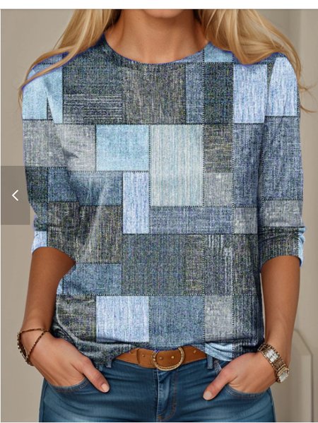 

Casual Plaid Crew Neck Long Sleeve T-shirt, Blue, T-shirts