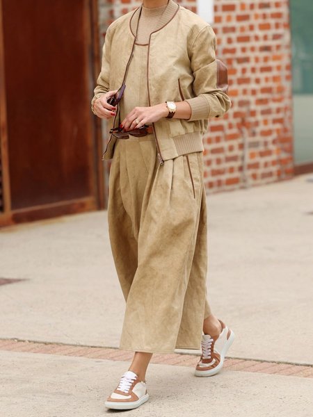 

Pocket Stitching Urban Regular Fit Faux Leather Jumpsuit With No Belt, Khaki, Jumpsuits