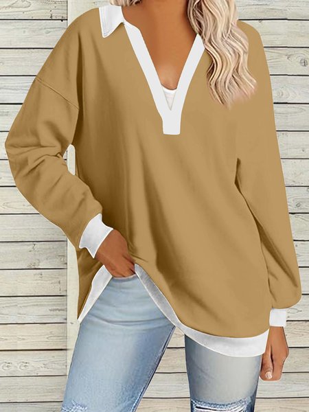 Women's Long Sleeve Blouse Spring Fall Aqua Color Block V Neck Daily Going Out Casual Top