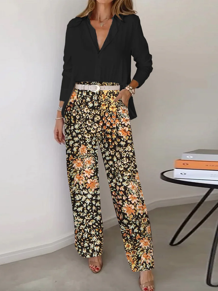Women Floral Shawl Collar Long Sleeve Comfy Casual Top With Pants Two-Piece Set, Black, Sets