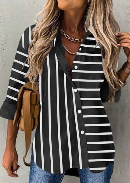 

Shirt Collar Long Sleeve Striped Regular Loose Shirt For Women, Black, Shirts