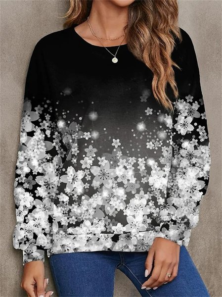 

Casual Crew Neck Floral Sweatshirt, Black, Sweaters