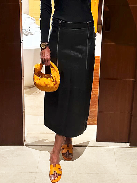 Regular Fit Casual Faux Leather Midi Skirt, Black, Skirts