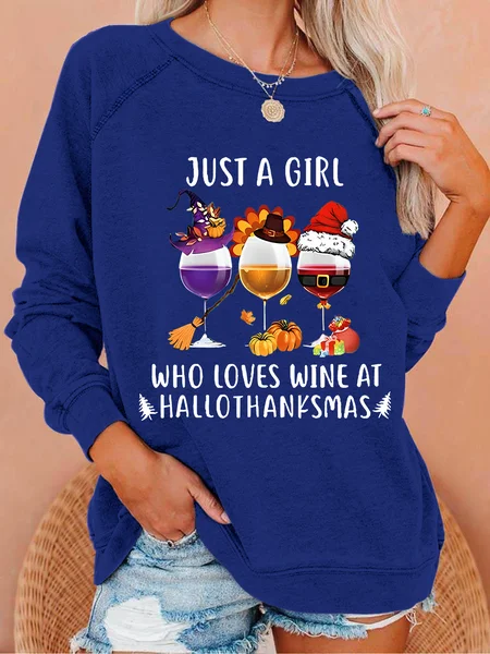 

Women's Just A Girl Who Loves Wine At Hallothanksmas Print Casual Sweatshirt, Dark blue, Hoodies&Sweatshirts