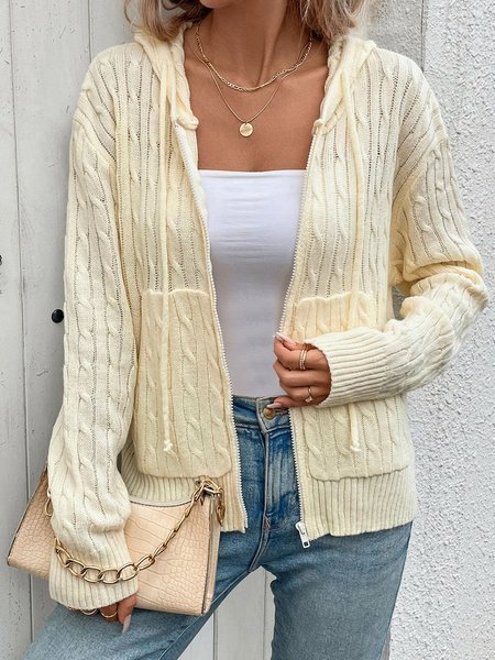 

Women Yarn/Wool Yarn Plain Long Sleeve Comfy Casual Zipper Cardigan, Apricot, Cardigans