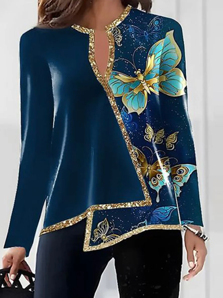 

V Neck Long Sleeve Butterfly Regular Micro-Elasticity Regular Fit Blouse For Women, Blue, Blouses
