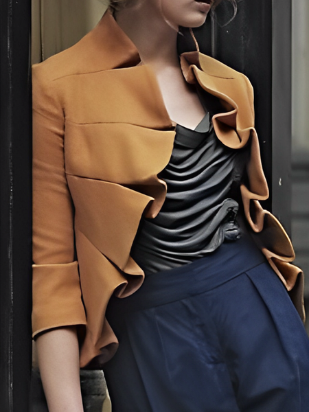 

Regular Fit Urban Regular Sleeve Suede Three Quarter Sleeve Lotus Leaf Collar Faux Leather Coat, Khaki, Jackets