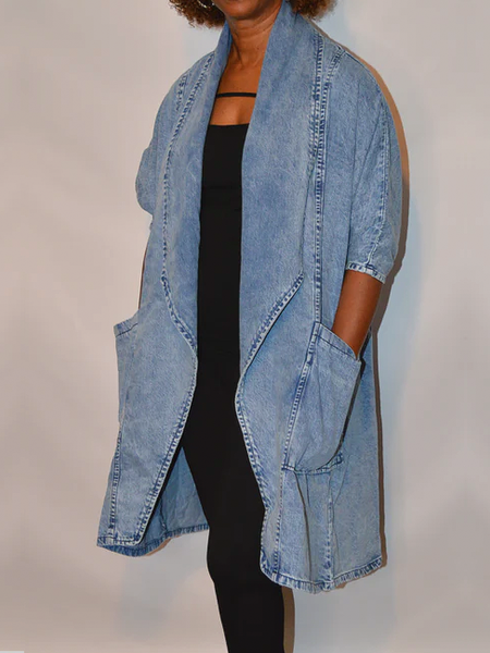 

Loose Casual Loose Shawl Collar Three Quarter Sleeve Denim Denim Mid-long Coat, Denim blue, Jackets