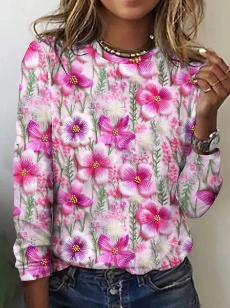 

Casual Floral Crew Neck Long Sleeve T-shirt, Pink, T-shirts