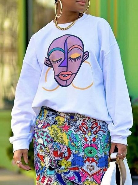 

Daily Casual Long Sleeve Face Loose Sweatshirt, White, Hoodies and Sweatshirts