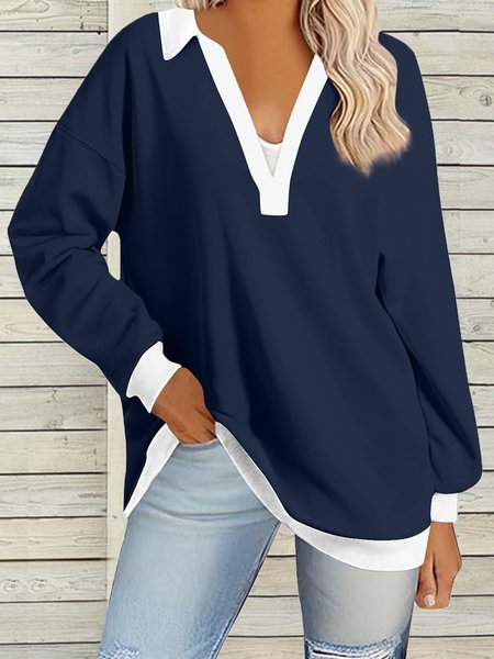 Women's Long Sleeve Blouse Spring Fall Aqua Color Block V Neck Daily Going Out Casual Top