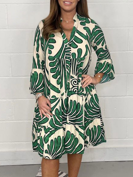 

Women Geometric Stand Collar Half Sleeve Comfy Casual Midi Dress, Green, Dresses