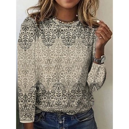 

Casual Ethnic Crew Neck Long Sleeve T-shirt, Gray, T-shirts