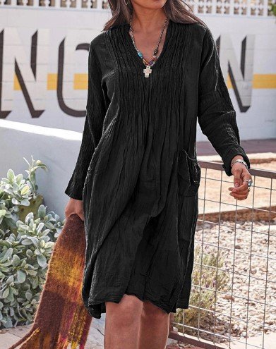 

Women Plain V Neck Long Sleeve Comfy Casual Midi Dress, Black, Dresses