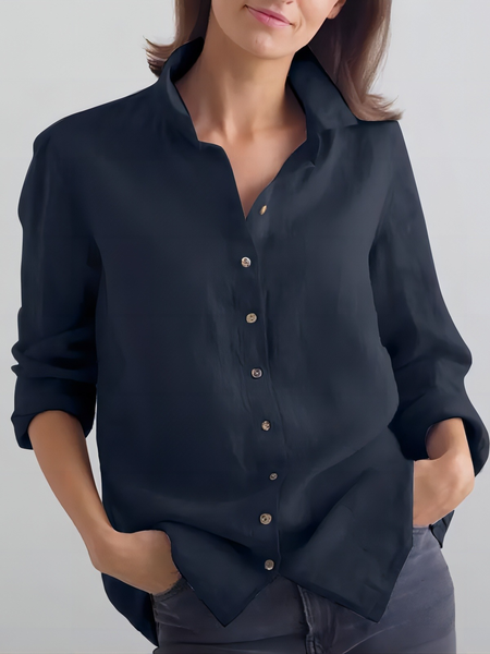 

Shirt Collar Long Sleeve Plain Regular Loose Shirt For Women, Deep blue, Shirts
