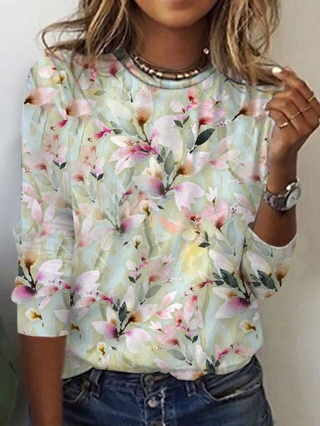 

Women's Long Sleeve Tee T-shirt Spring/Fall Floral Printing Jersey Crew Neck Daily Going Out Vintage Top Lightgreen, T-Shirts