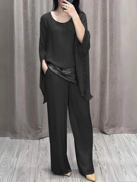 

Women Color Block V Neck Half Sleeve Comfy Casual Glitter Top With Pants Two-Piece Set, Black, Sets