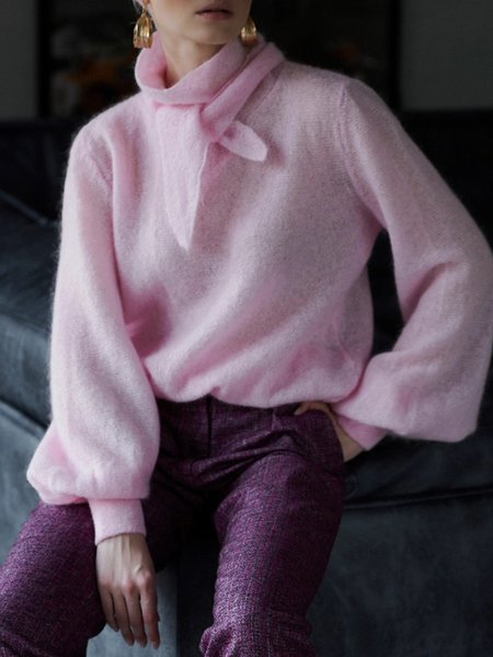 

Casual Loose Lace-Up Plain Balloon Sleeve Sweater, Pink, Pullovers