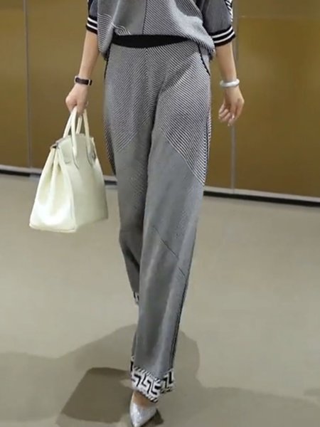 

Regular Size Pocket Stitching Casual Geometric Pants, Black-white, Pants