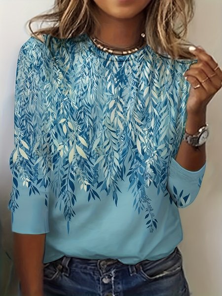 

Casual Leaf Crew Neck Long Sleeve T-shirt, Blue, T-shirts