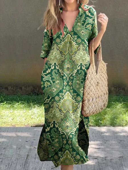

Women Ethnic V Neck Half Sleeve Comfy Casual Mini Dress, Green, Dresses