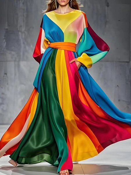 

Crew Neck Regular Fit Colorblock Elegant Balloon Sleeve Dress With Belt, As picture, Maxi Dresses