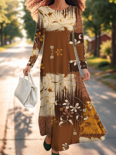 Women Geometric Crew Neck Long Sleeve Comfy Casual Maxi Dress, Deep brown, Dresses