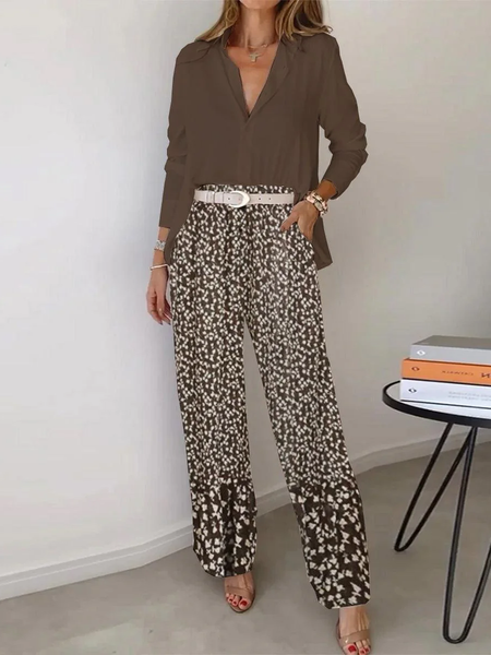 

Women Abstract Shawl Collar Long Sleeve Comfy Casual Top With Pants Two-Piece Set, Brown, Sets