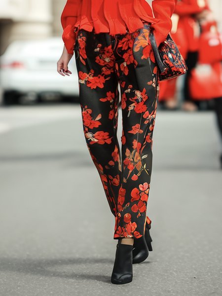 Pocket Stitching Floral Urban Regular Fit Pants, Red, Pants
