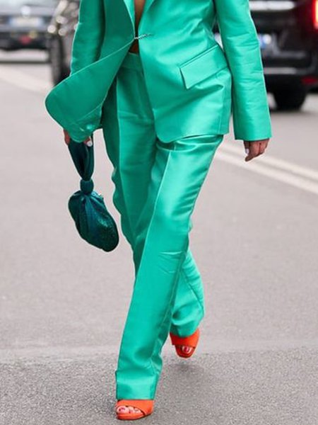 Pocket Stitching Regular Fit Plain Elegant Fashion Pants, Mint, Pants