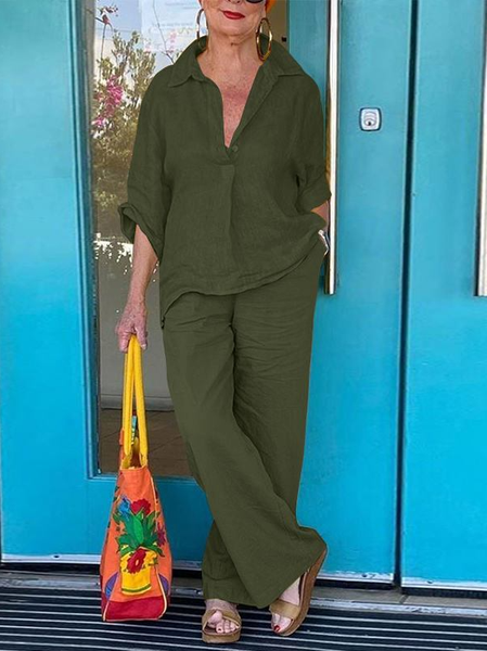 

Women Color Block Shawl Collar Three Quarter Sleeve Comfy Casual Top With Pants Two-Piece Set, Dark green, Sets