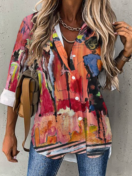 

Shawl Collar Long Sleeve Abstract Regular Loose Shirt For Women, Orange, Shirts