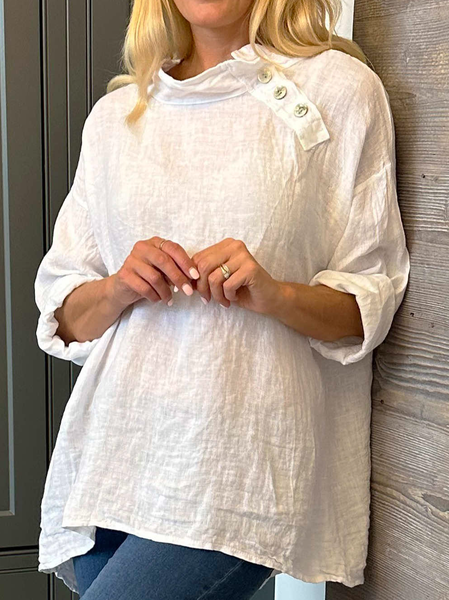 

Long Sleeve Plain Buttoned Regular Loose Blouse For Women, White, Blouses